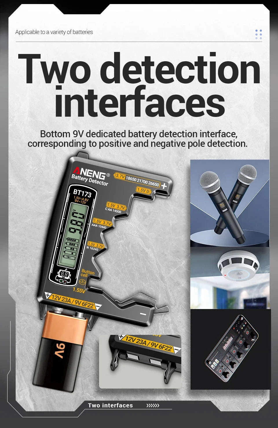 Universal Battery Tester for AA AAA C D 9V Button Cell and Lithium-Black
