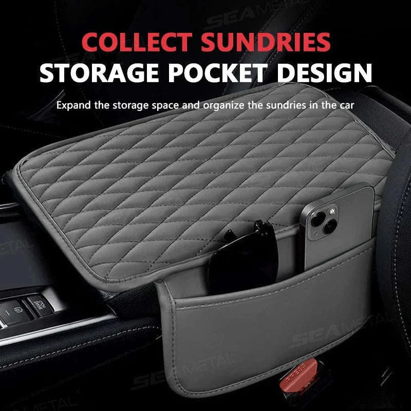 Universal Car Armrest Box Cover with Storage Pockets-Option A Gray / PU