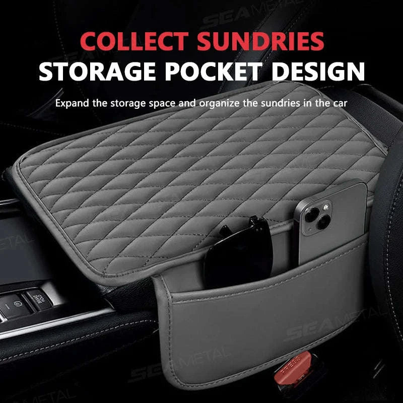 Universal Car Armrest Box Cover with Storage Pockets-Option A Gray / PU