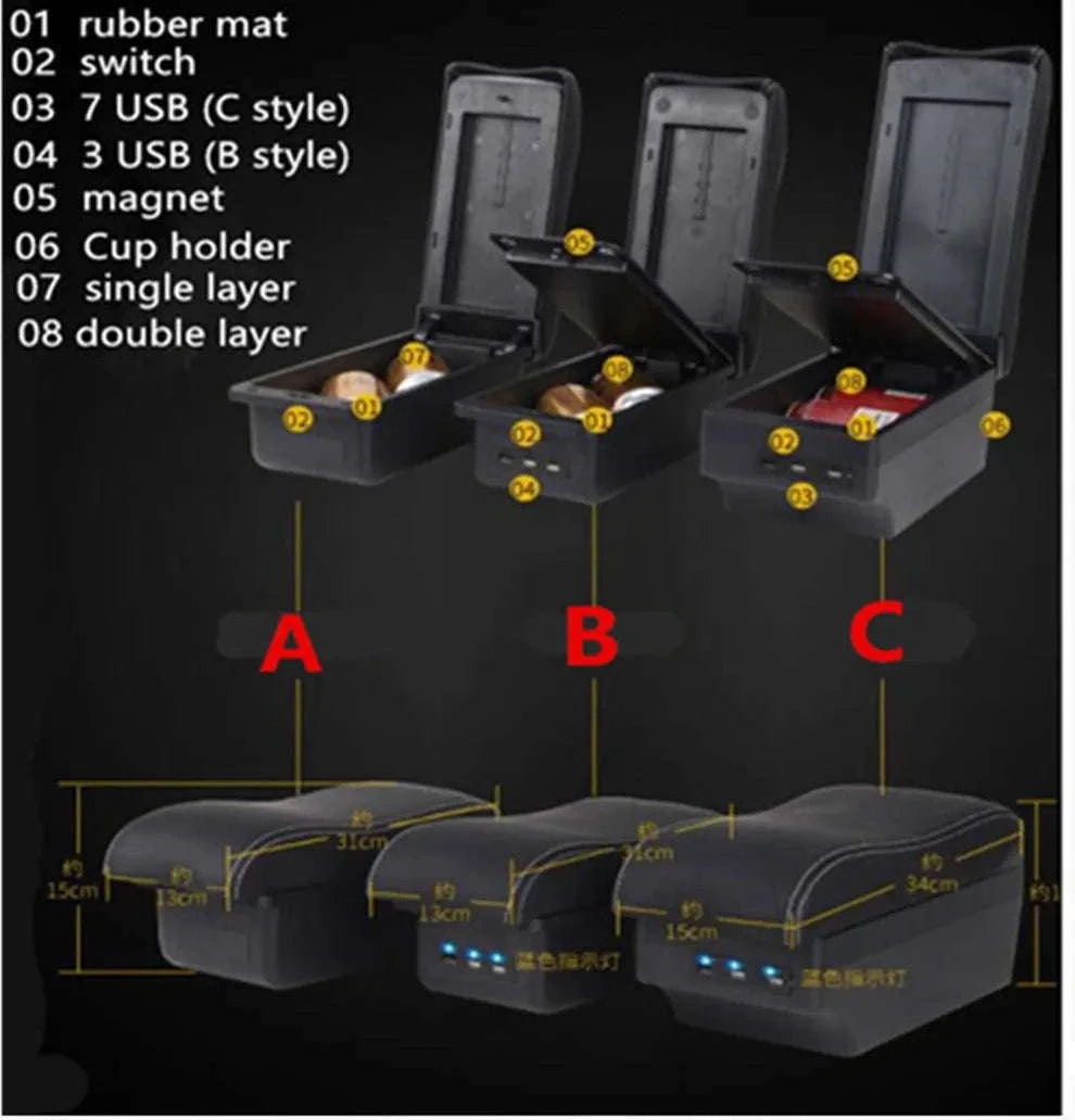 Universal Car Armrest Box with Storage-A2 black line No USB