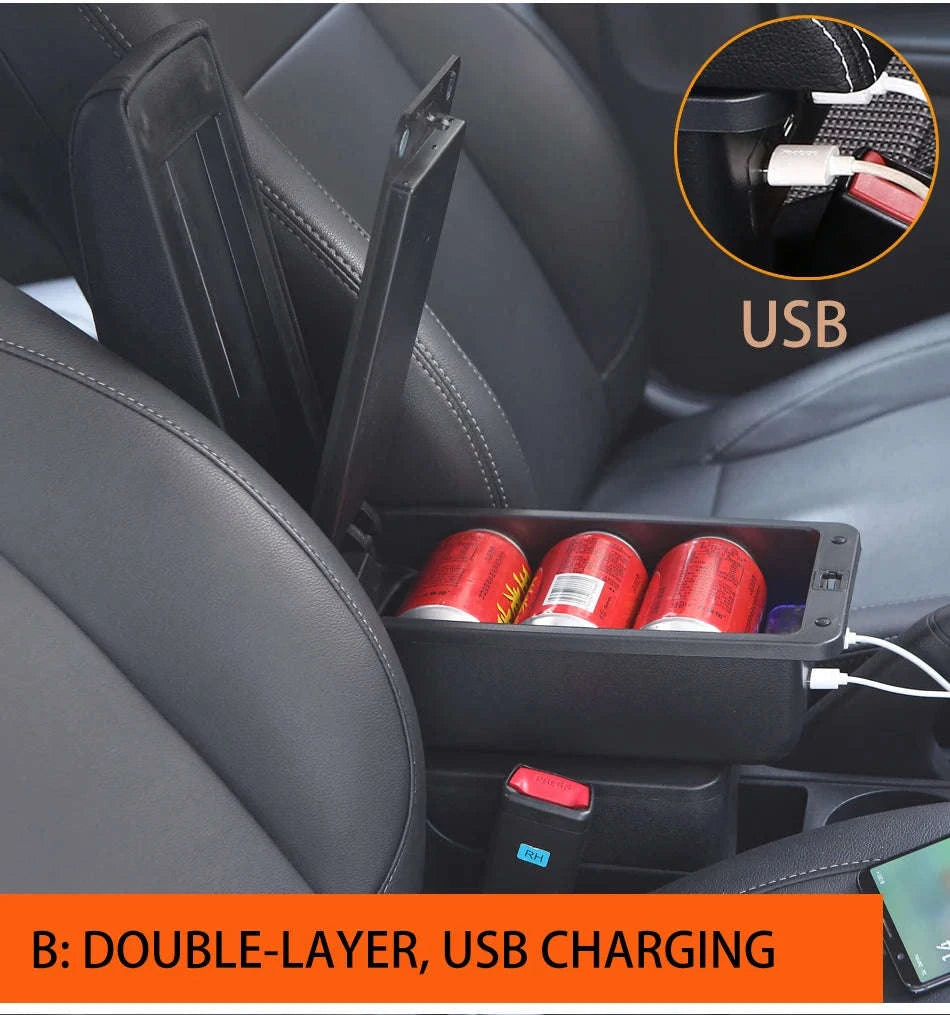 Universal Car Armrest with Storage and Optional USB Ports-C1 Black red No USB