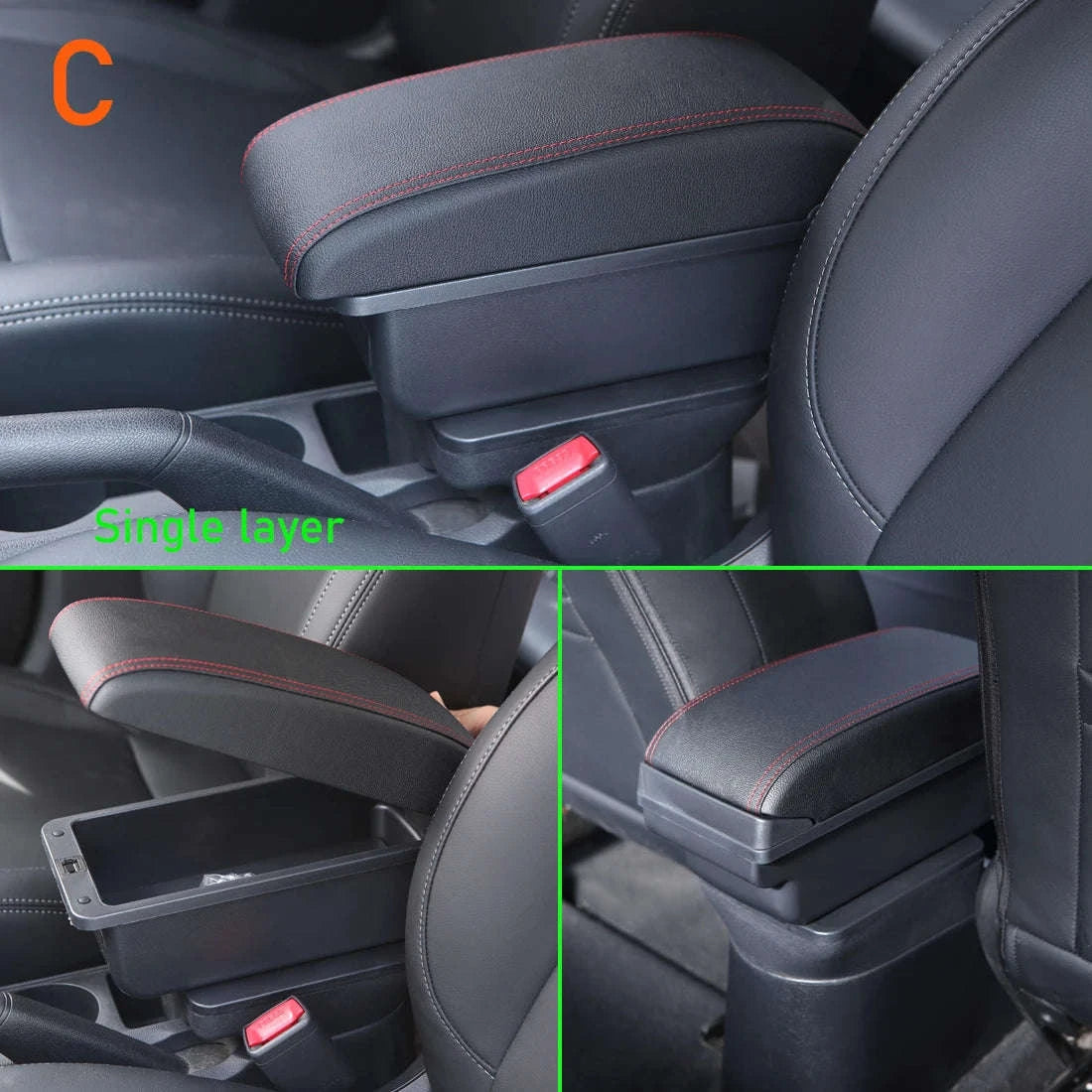 Universal Car Armrest with Storage and Optional USB Ports-C1 Black red No USB