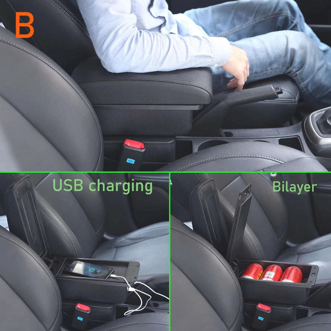 Universal Car Armrest with Storage and Optional USB Ports-C1 Black red No USB