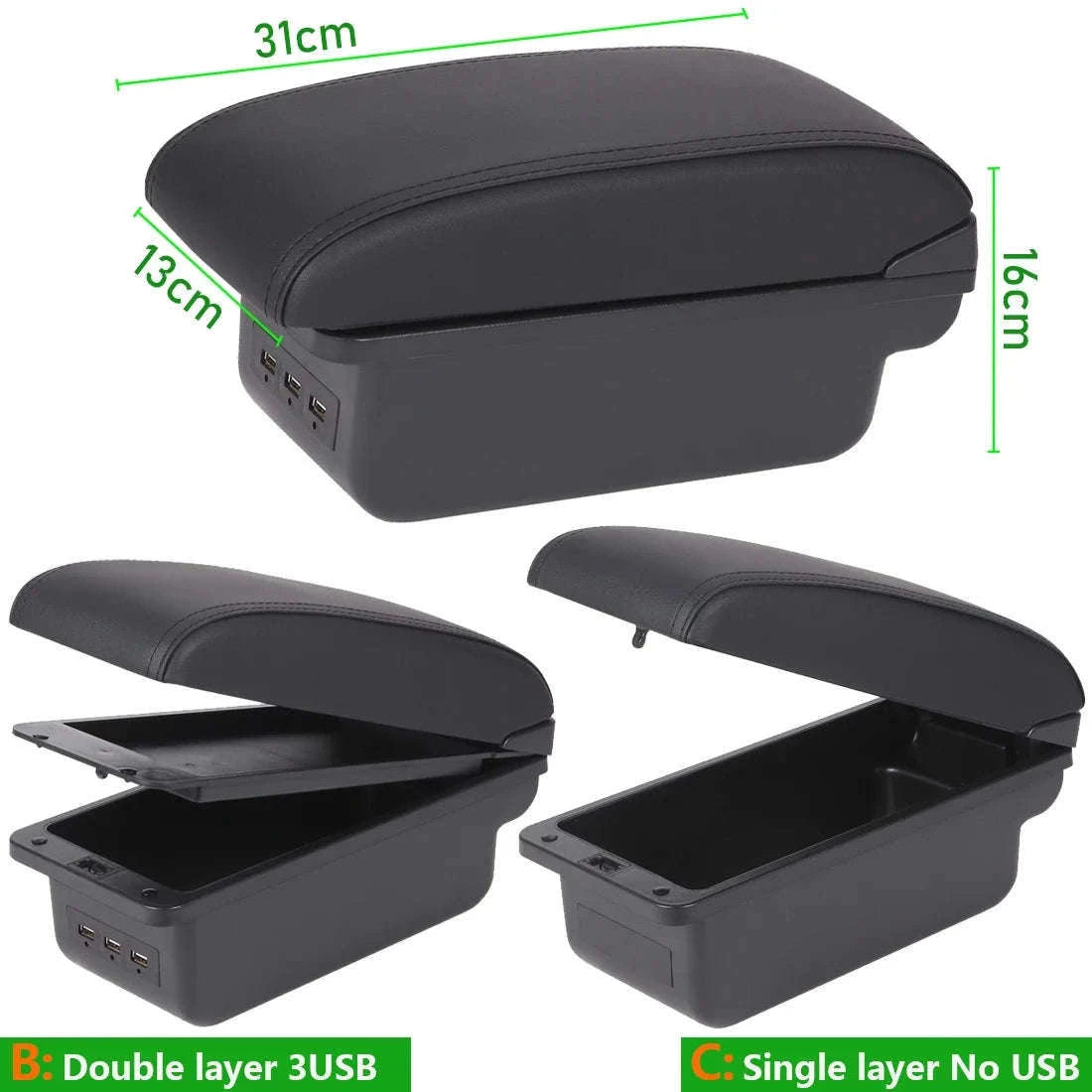 Universal Car Armrest with Storage and USB Charging Ports-C1 Black red No USB
