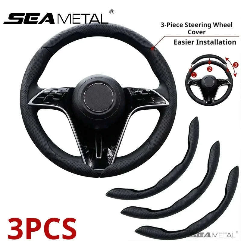 Universal Car Steering Wheel Cover 3-Piece Premium Leather Ultra-Slim Non-Slip-3Pcs Black-Red Tag