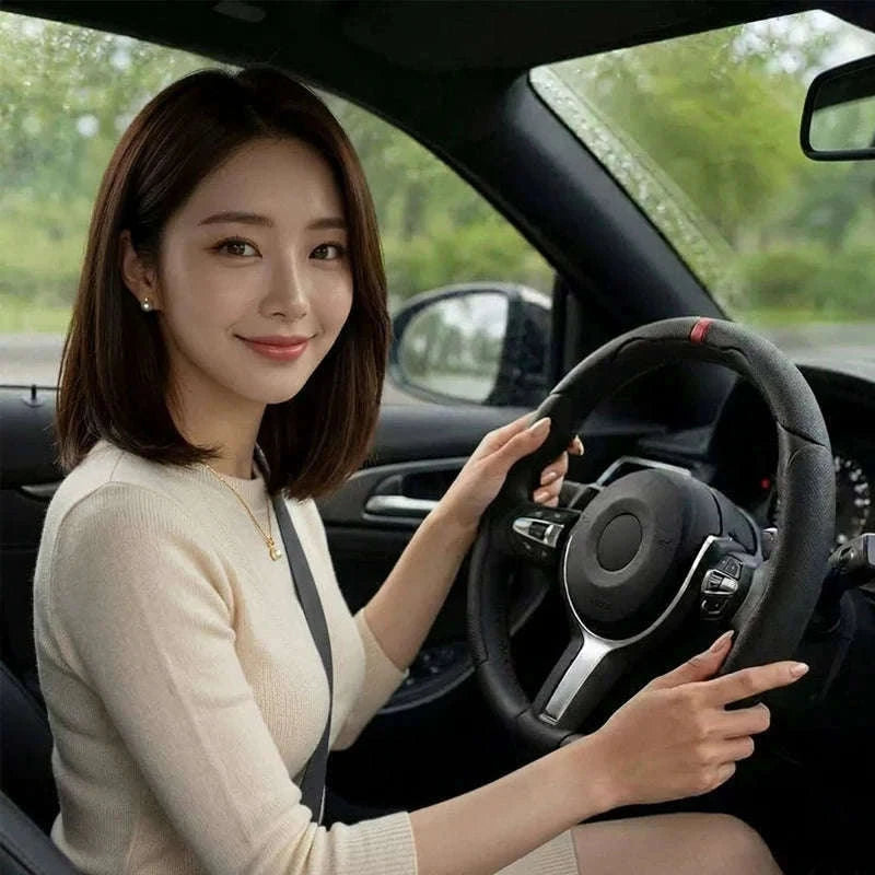 Universal Car Steering Wheel Cover 3-Piece Premium Leather Ultra-Slim Non-Slip-3Pcs Black-Red Tag