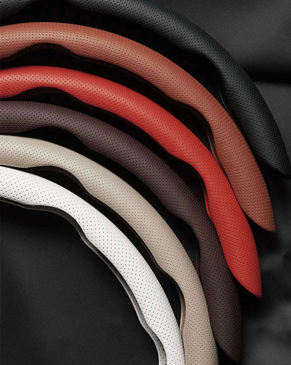 Universal Car Steering Wheel Cover 3-Piece Premium Leather Ultra-Slim Non-Slip-3Pcs Black-Red Tag