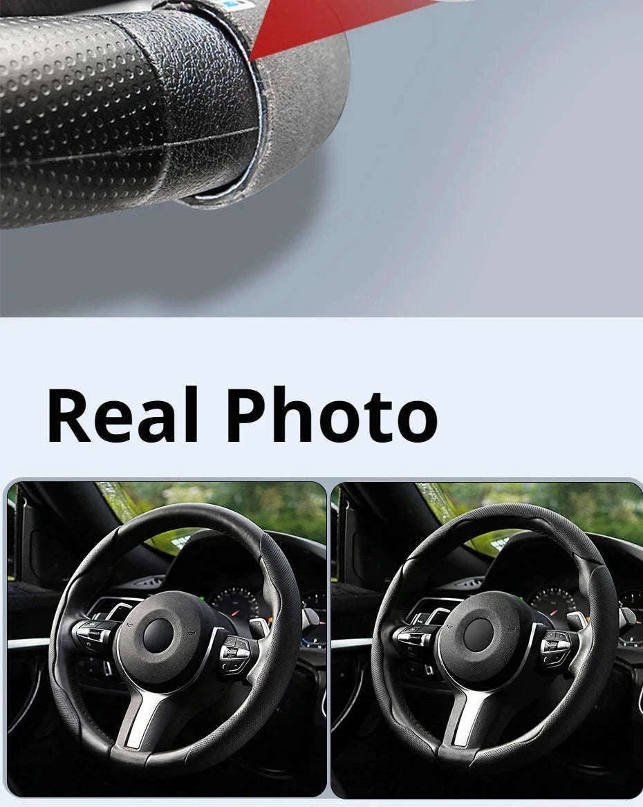 Universal Car Steering Wheel Cover 3-Piece Premium Leather Ultra-Slim Non-Slip-3Pcs Black-Red Tag