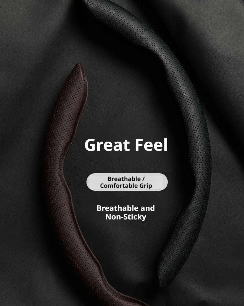 Universal Car Steering Wheel Cover 3-Piece Premium Leather Ultra-Slim Non-Slip-3Pcs Black-Red Tag