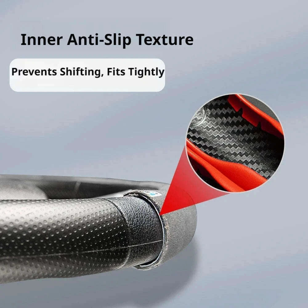 Universal Car Steering Wheel Cover 3-Piece Premium Leather Ultra-Slim Non-Slip-3Pcs Black-Red Tag
