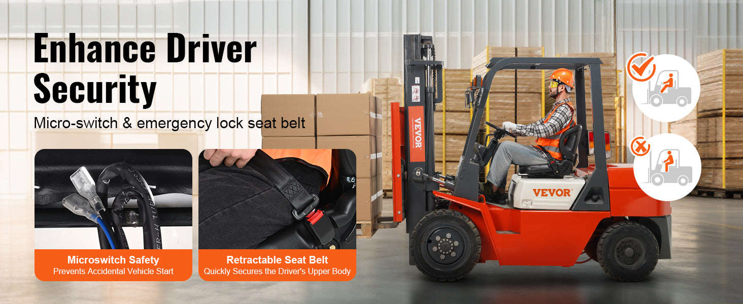 Universal Forklift Seat with Adjustable Backrest and Seatbelt-Black / United States