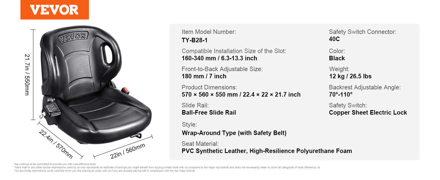Universal Forklift Seat with Adjustable Backrest and Seatbelt-Black / United States
