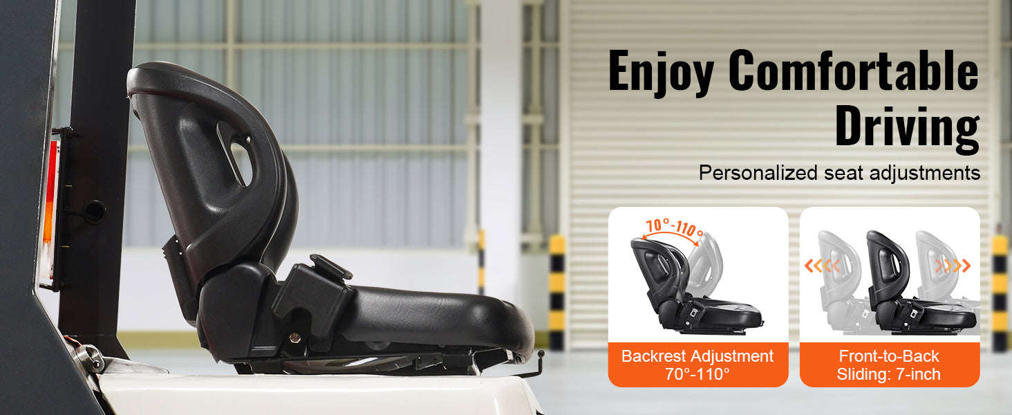 Universal Forklift Seat with Adjustable Backrest and Seatbelt-Black / United States