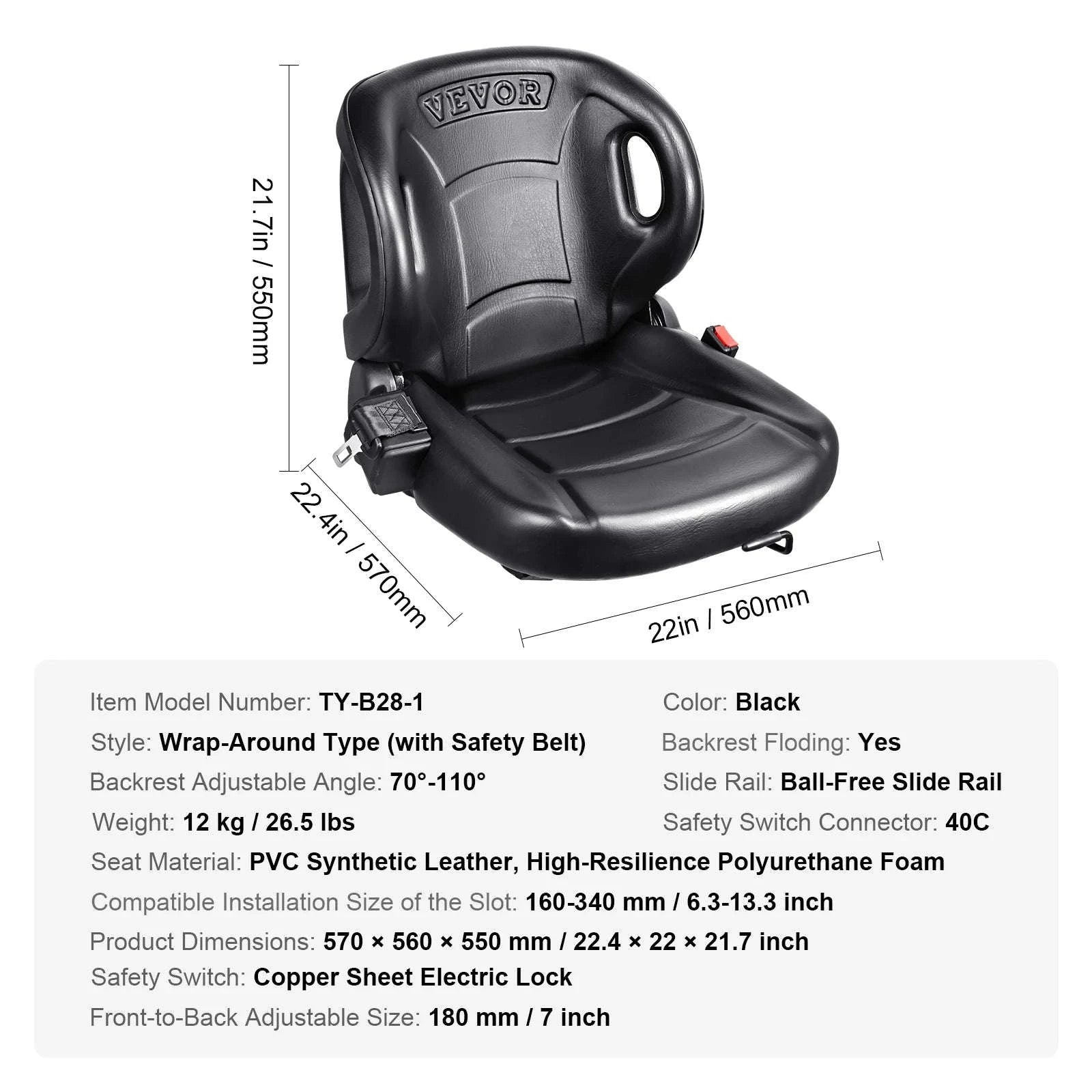 Universal Forklift Seat with Adjustable Backrest and Seatbelt-Black / United States