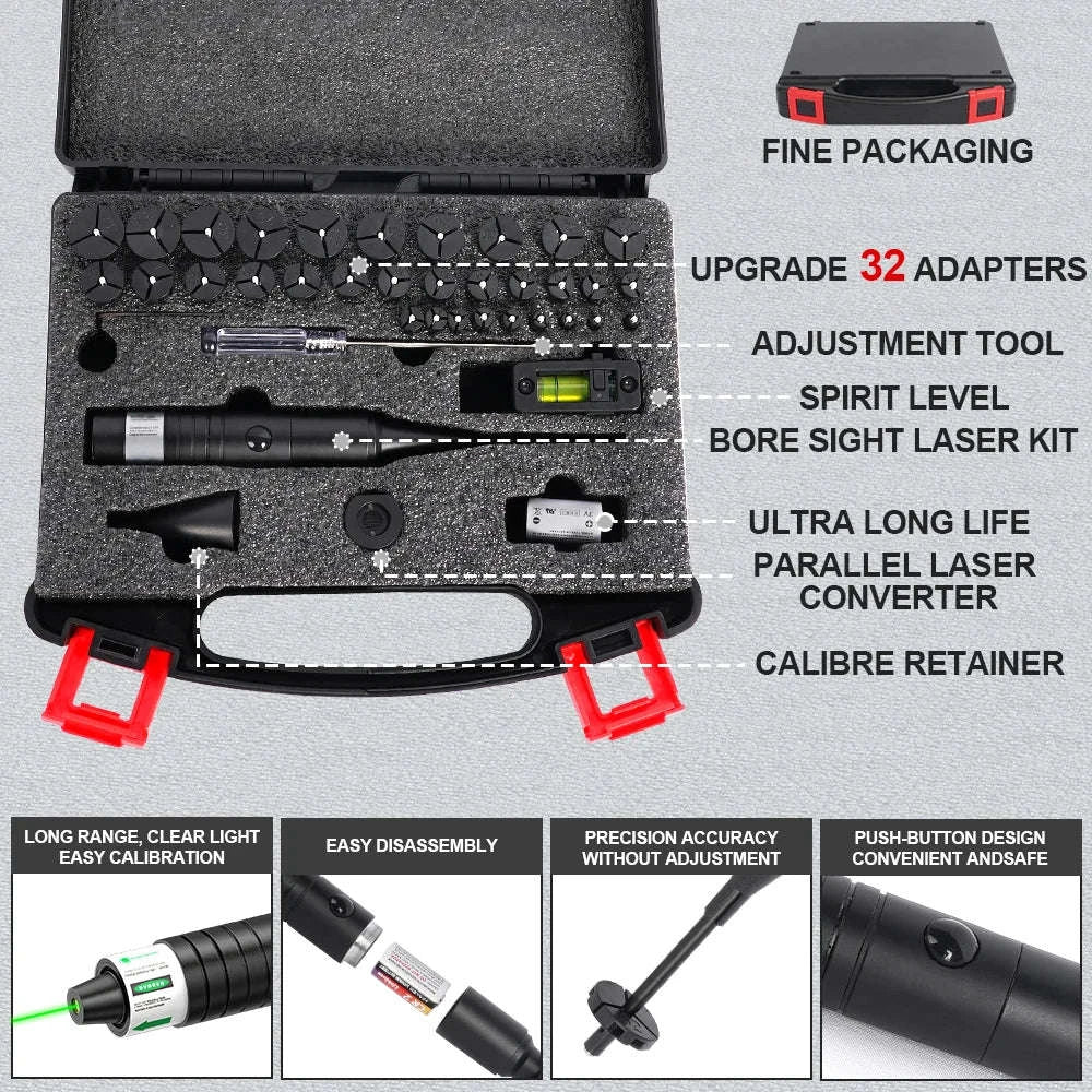 Universal Laser Boresighter Kit with Green Laser, 32 Adapters, Anti-Cant Level & Parallel Calibration-green light / Poland