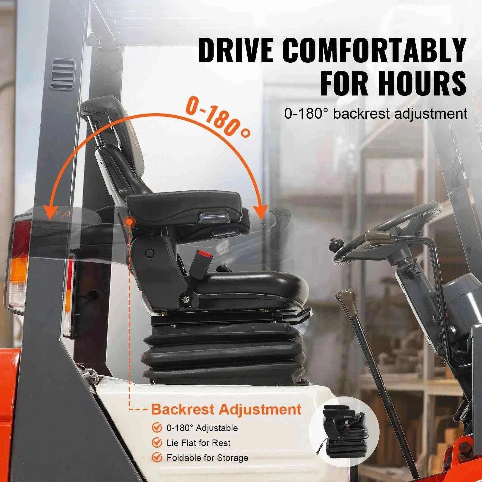 Universal Tractor Seat Suspension Fold Down Forklift Seat with Adjustable Back and 3-Level Shock Absorption-F Type / United States