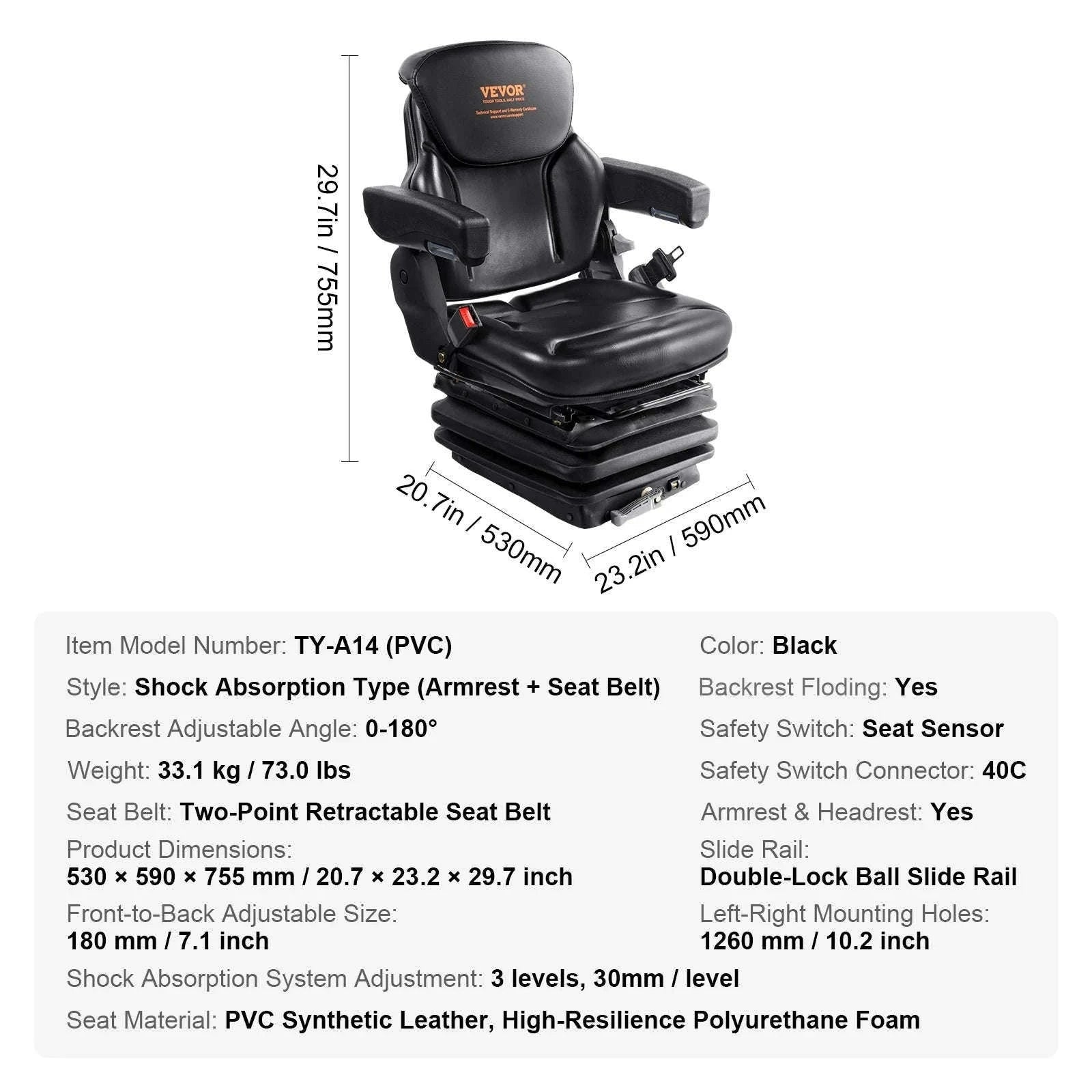 Universal Tractor Seat Suspension Fold Down Forklift Seat with Adjustable Back and 3-Level Shock Absorption-F Type / United States