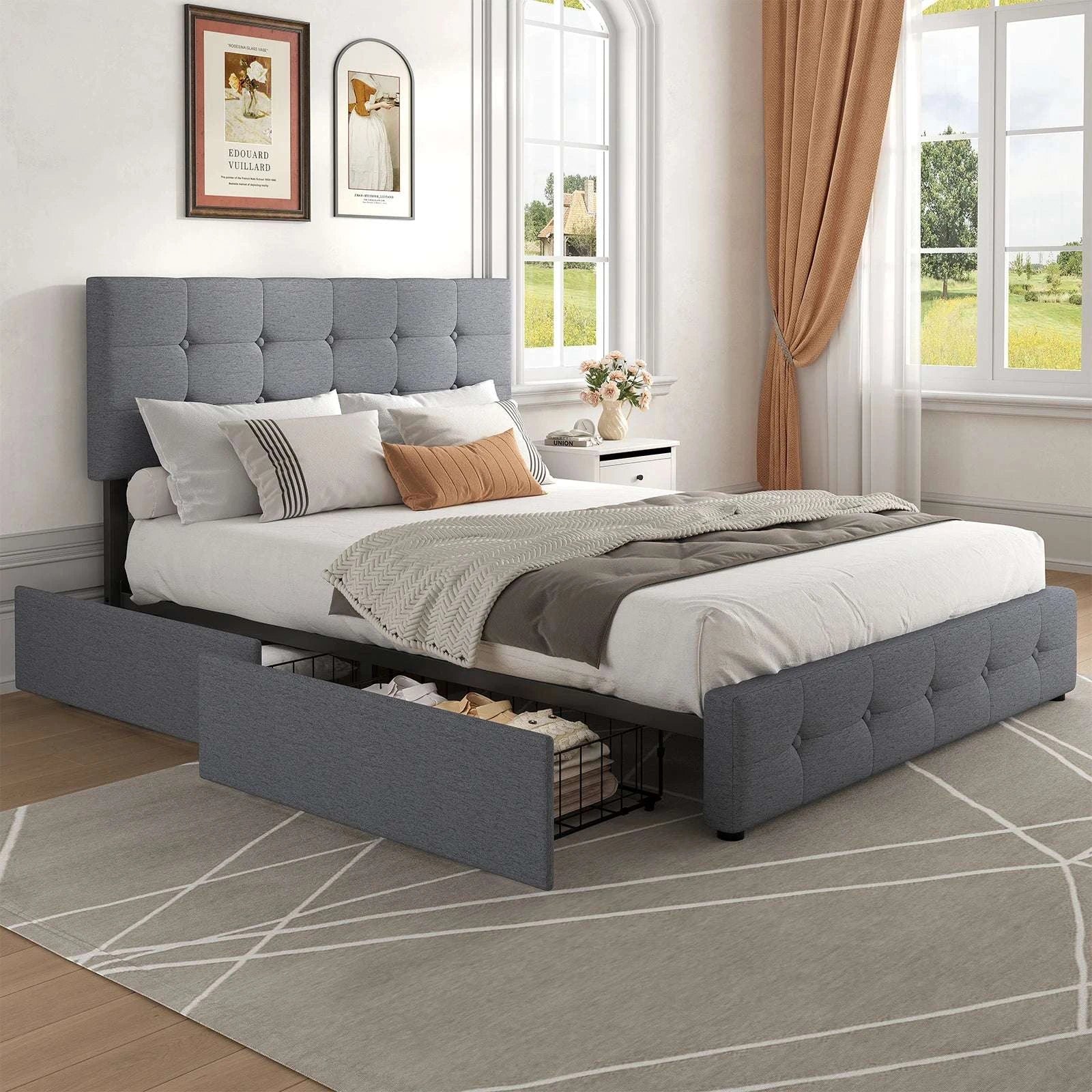Upholstered Bed Frame with 4 Drawers & Adjustable Headboard-Full / United States