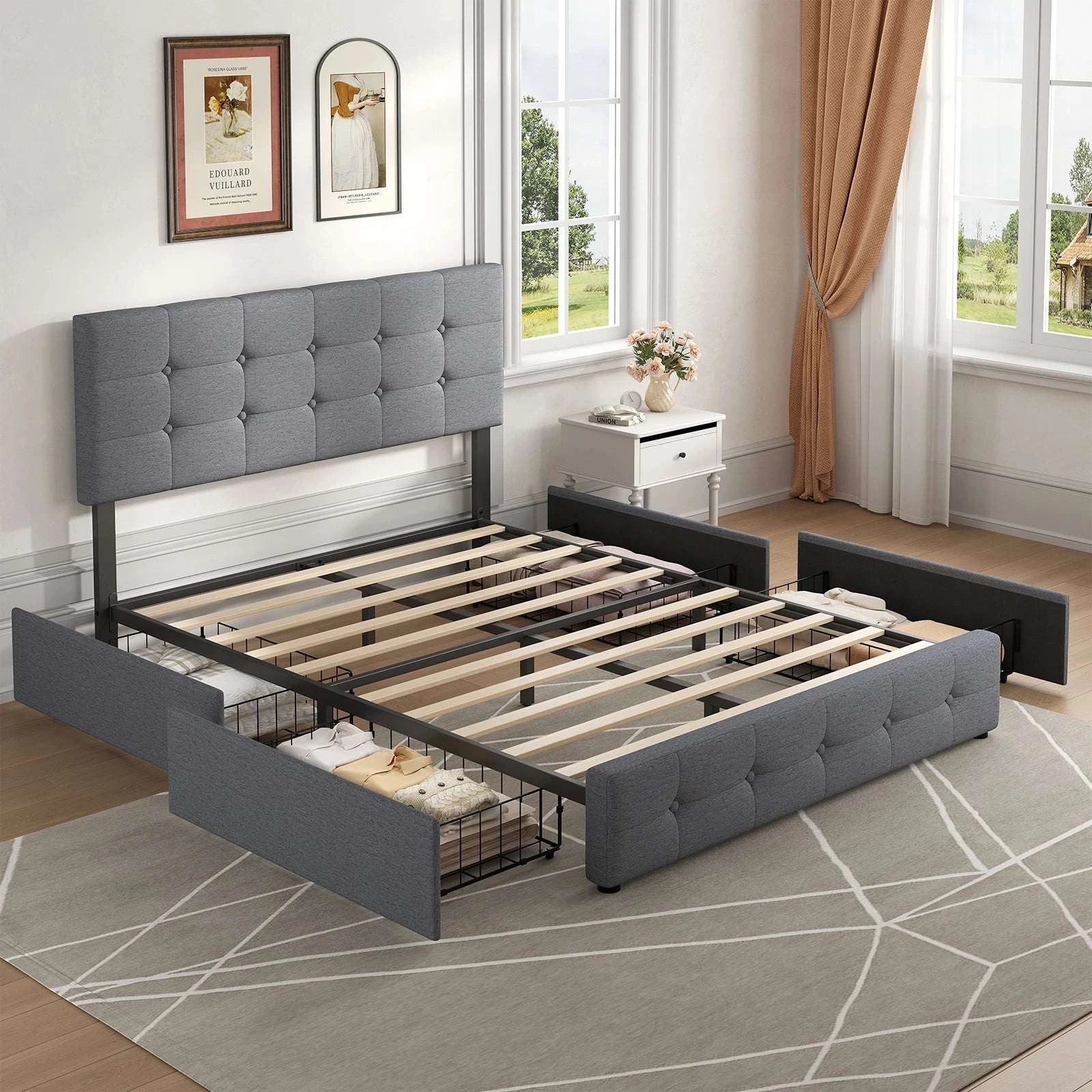 Upholstered Bed Frame with 4 Drawers & Adjustable Headboard-Full / United States