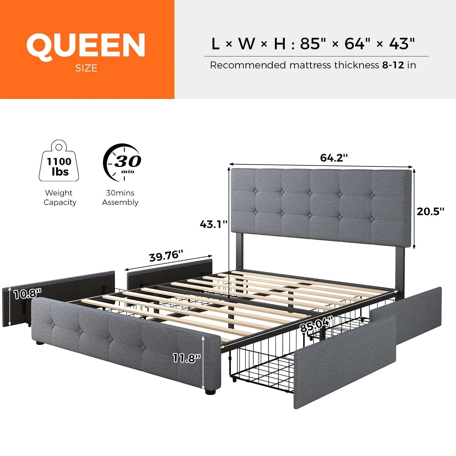 Upholstered Bed Frame with 4 Drawers & Adjustable Headboard-Full / United States