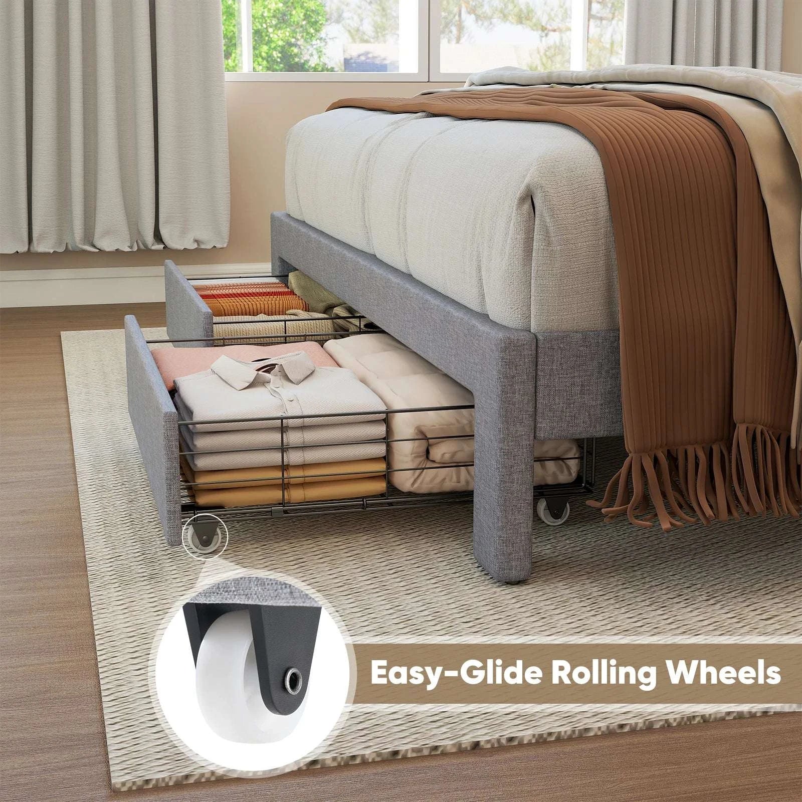 Upholstered Bed Frame with Storage Drawers and Adjustable Headboard-Twin / United States