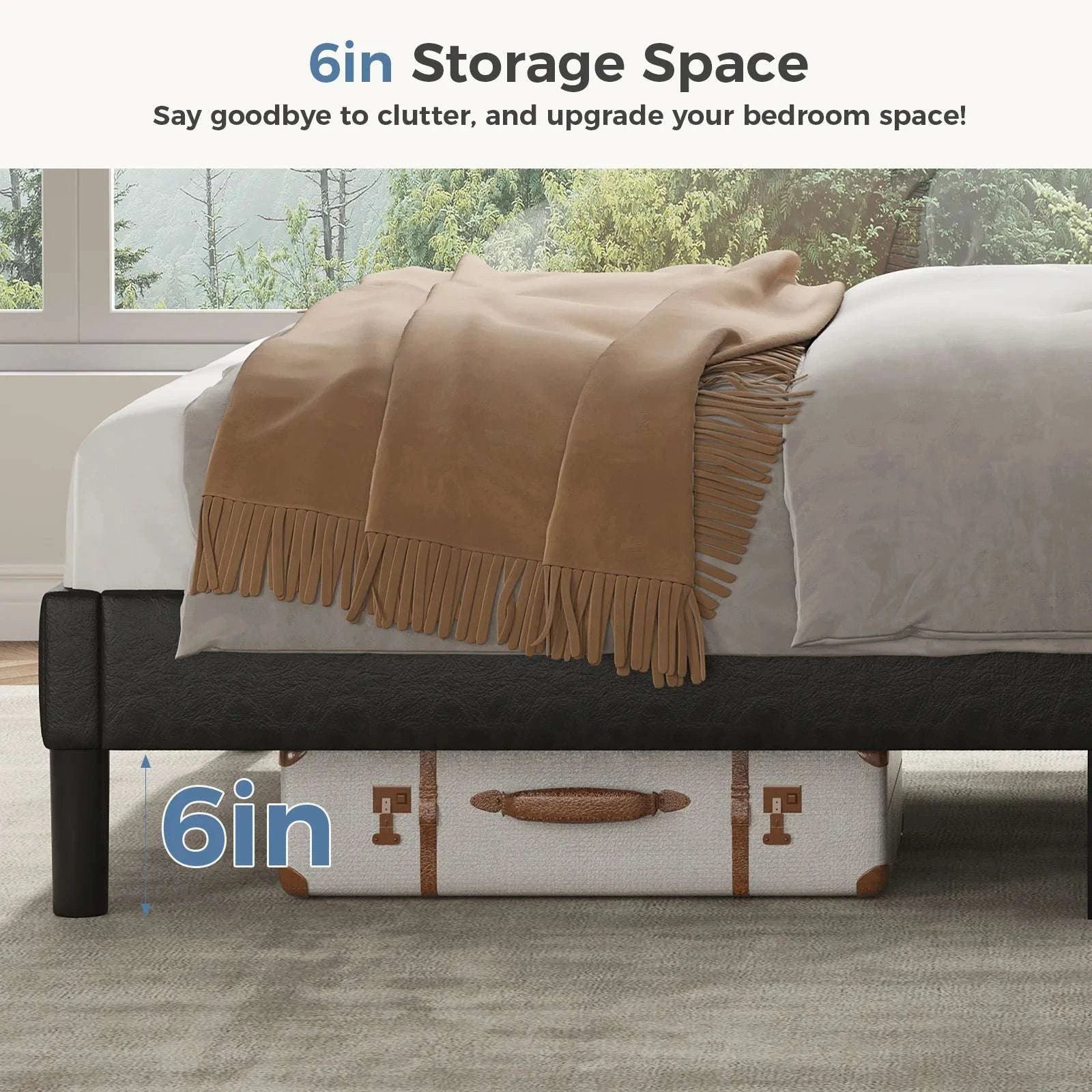 Upholstered Platform Bed Frame with Wingback Headboard and Storage-PU Black / Queen / United States