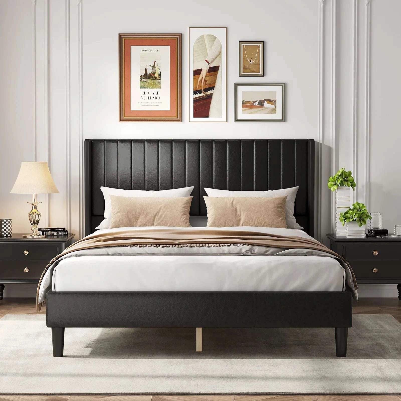Upholstered Platform Bed Frame with Wingback Headboard and Storage-PU Black / Queen / United States
