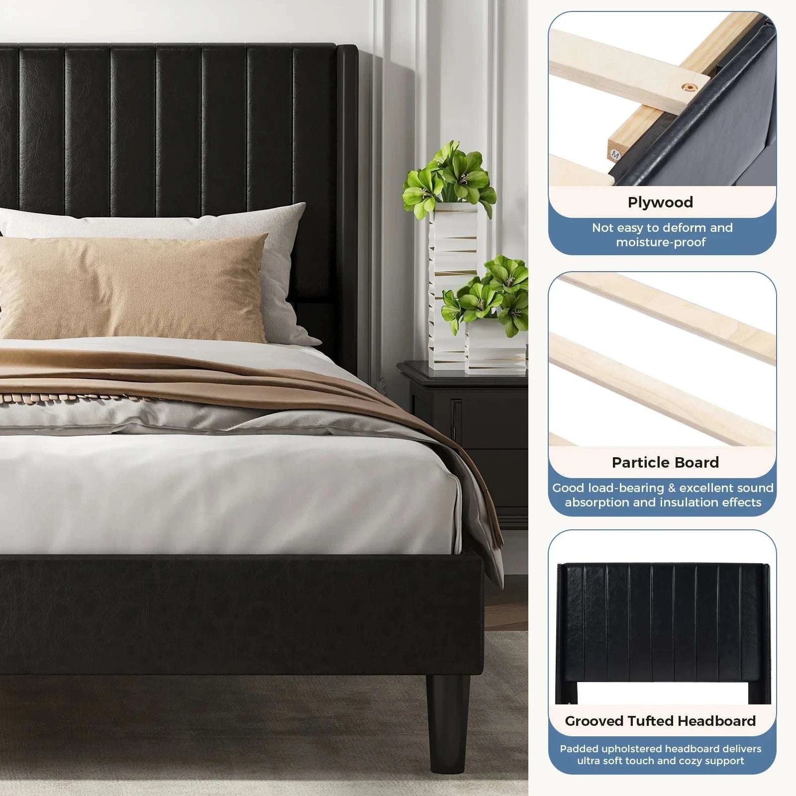 Upholstered Platform Bed Frame with Wingback Headboard and Storage-PU Black / Queen / United States