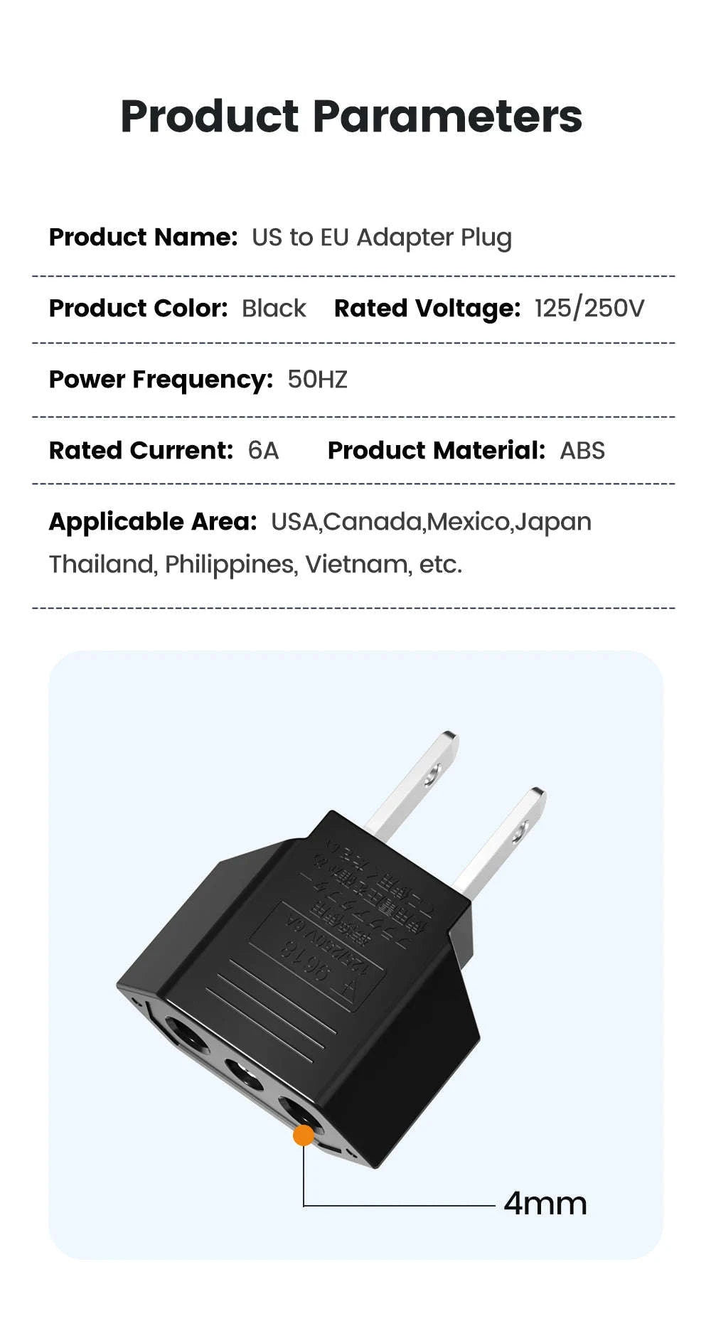 US to EU Travel Adapter-2PCS Black