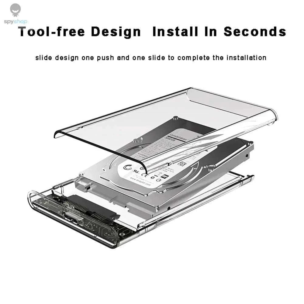 USB 3.0 HDD Enclosure – Transparent 2.5-Inch SATA SSD/HDD Case with Tool‑Free Setup-