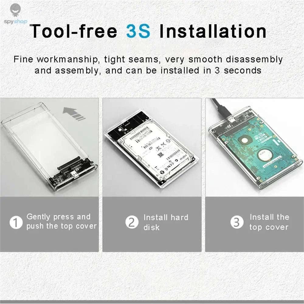 USB 3.0 HDD Enclosure – Transparent 2.5-Inch SATA SSD/HDD Case with Tool‑Free Setup-USB 3.0 to type c