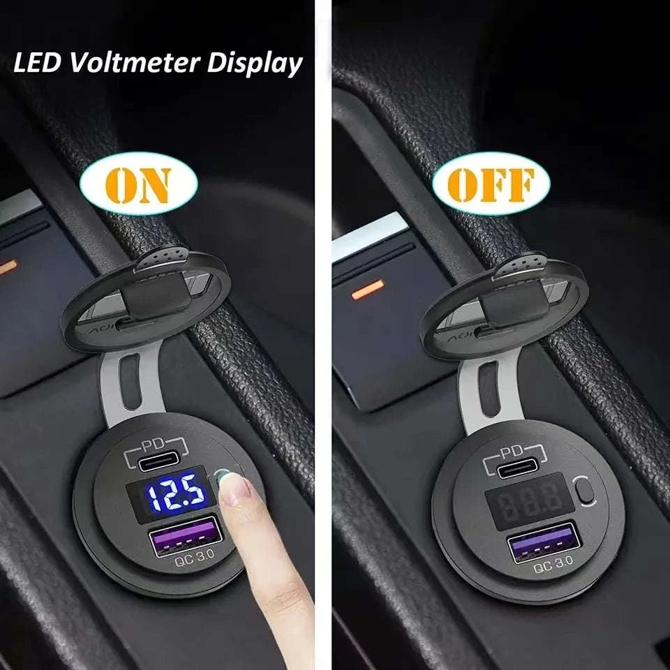 USB C Car Charger Socket 12V/24V Dual USB Port with LED Voltmeter and On/Off Switch-120R