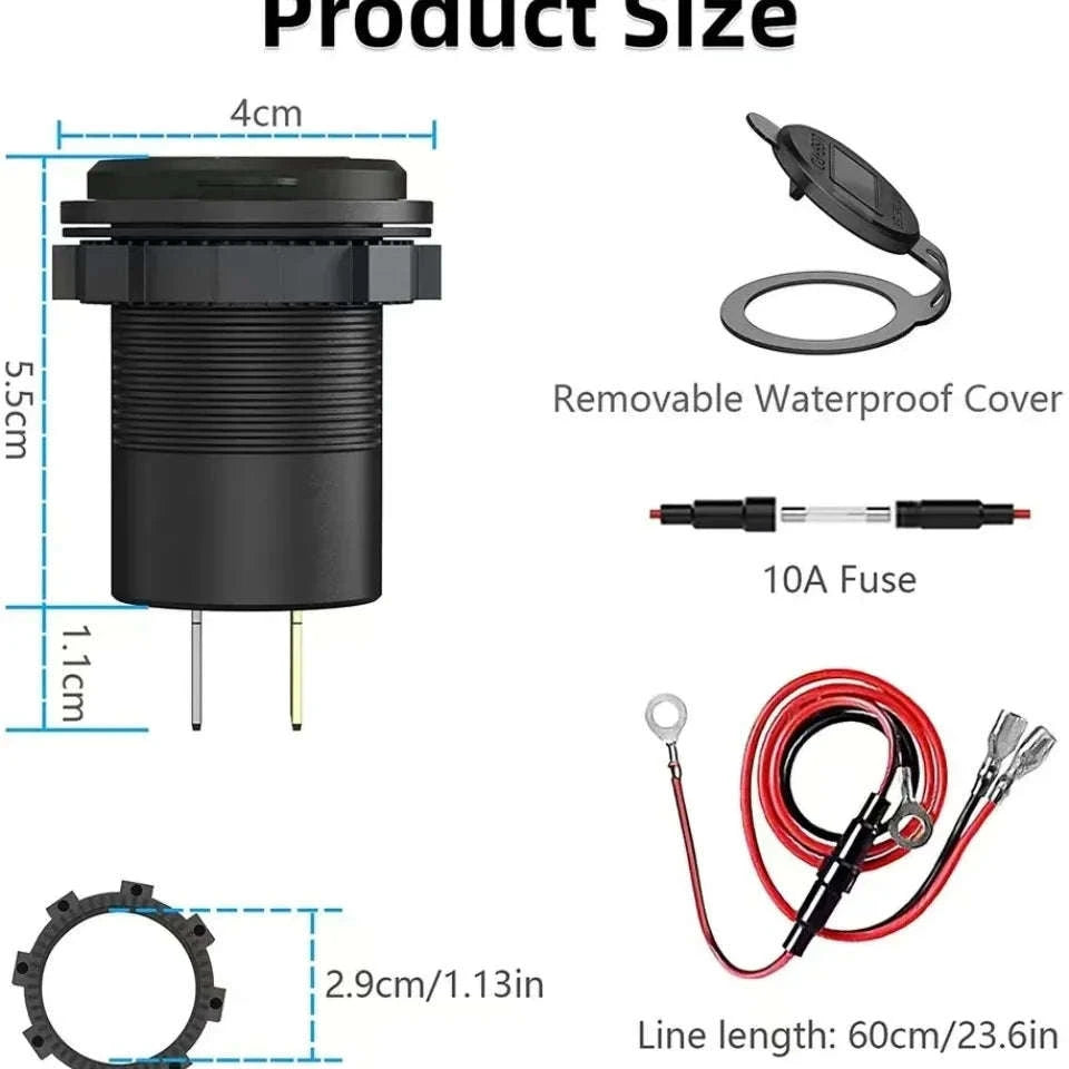USB C Car Charger Socket 12V/24V Dual USB Port with LED Voltmeter and On/Off Switch-120R