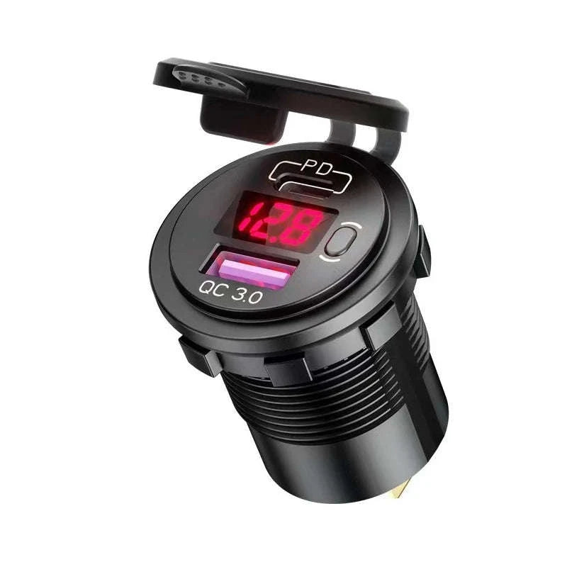 USB C Car Charger Socket 12V/24V Dual USB Port with LED Voltmeter and On/Off Switch-120R
