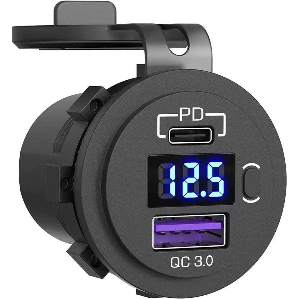 USB C Car Charger Socket 12V/24V Dual USB Port with LED Voltmeter and On/Off Switch-120R