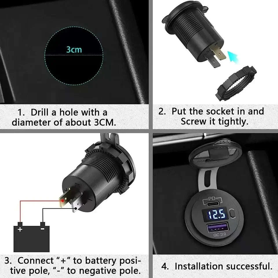 USB C Car Charger Socket 12V/24V Dual USB Port with LED Voltmeter and On/Off Switch-120R