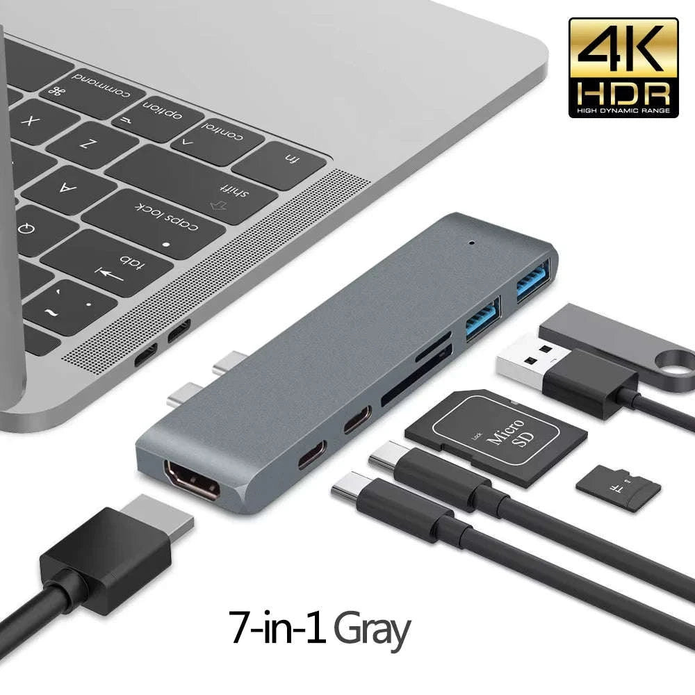 USB‑C Hub to HDMI 4K Adapter with PD and Card Reader-2T 7 in 1 Gray