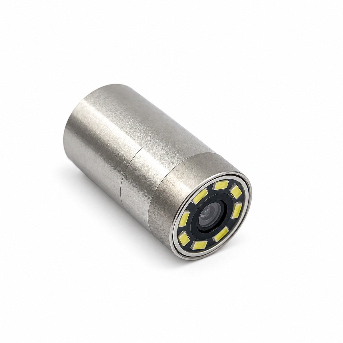 Compact silver USB endoscope camera module with lens and LED ring on white background
