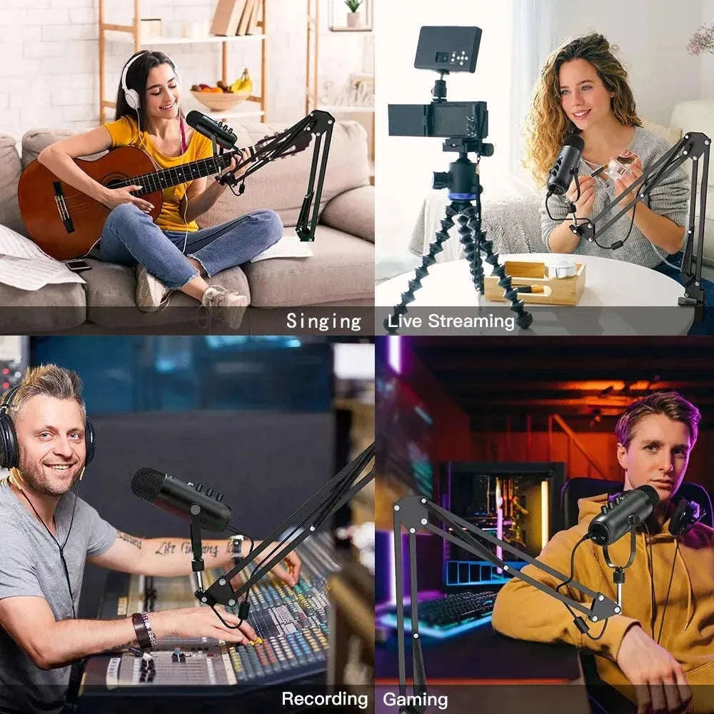 USB Podcast Microphone Kit with Boom Arm for Clear Audio-black