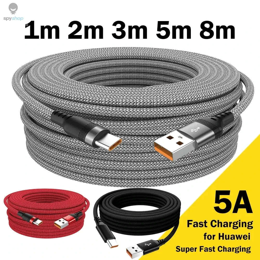 USB Type C Fast Charge Cable – 5A Fast Charging, Nylon Braided, Multiple Lengths-Black USB C / 5m