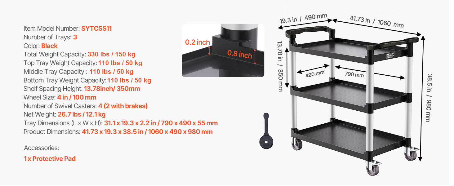 3-Tier Rolling Utility Cart with Wheels, Heavy-Duty Storage Trolley