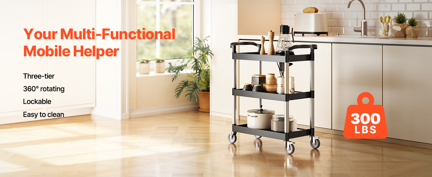 3-Tier Rolling Utility Cart with Wheels, Heavy-Duty Storage Trolley