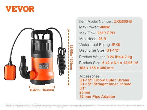 Utility Pump 1585/2510/4000 GPH Submersible Water Pump with 10 ft Power Cord-320W 1585 GPH / EU / CZECH REPUBLIC