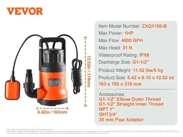 Utility Pump 1585/2510/4000 GPH Submersible Water Pump with 10 ft Power Cord-320W 1585 GPH / EU / CZECH REPUBLIC
