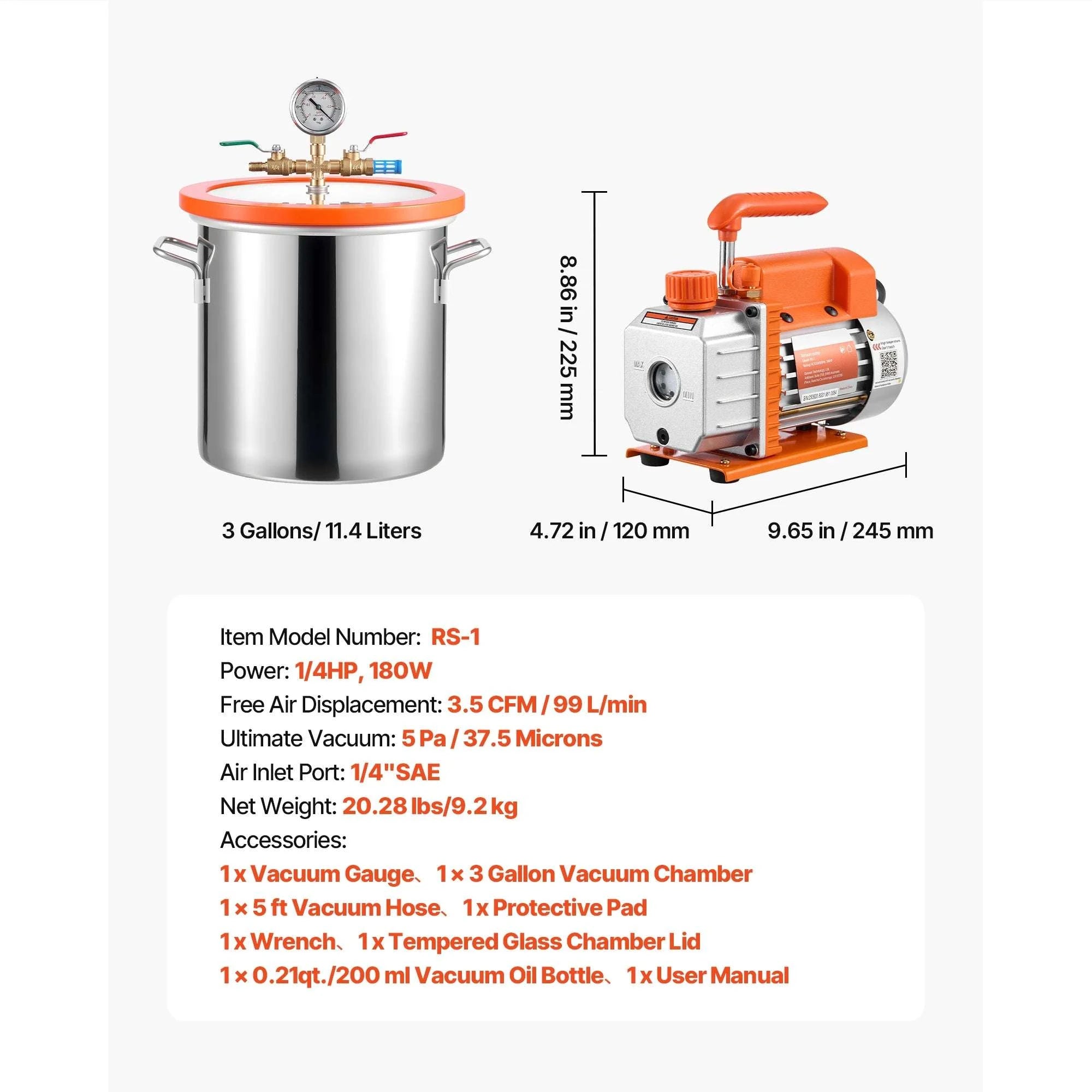 Vacuum Chamber Kit 3.5 CFM Pump for Resin Degassing & Wood Stabilizing-3 Gallon / US / United States