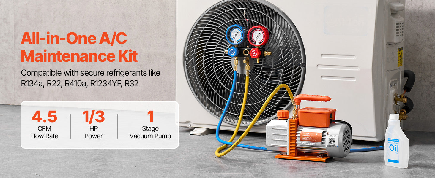 VEVOR AC vakuumska črpalka in komplet merilnika 3,5CFM 1/4HP / 4,5CFM 1/3HP enostopenjski ali 7CFM 3/4HP dvostopenjski za HVAC klimatske naprave