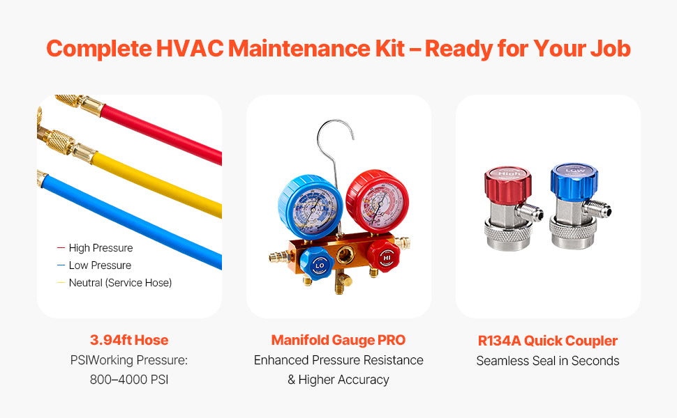 HVAC Vacuum Pump & Gauge Set 3.5/4.5 CFM with Hoses Kit