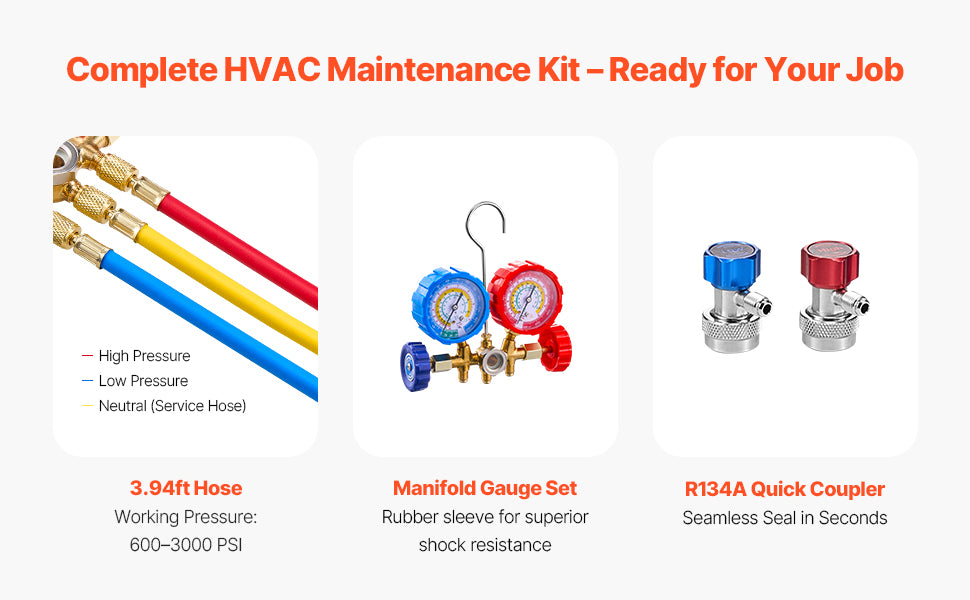 HVAC Vacuum Pump & Gauge Set 3.5/4.5 CFM with Hoses Kit