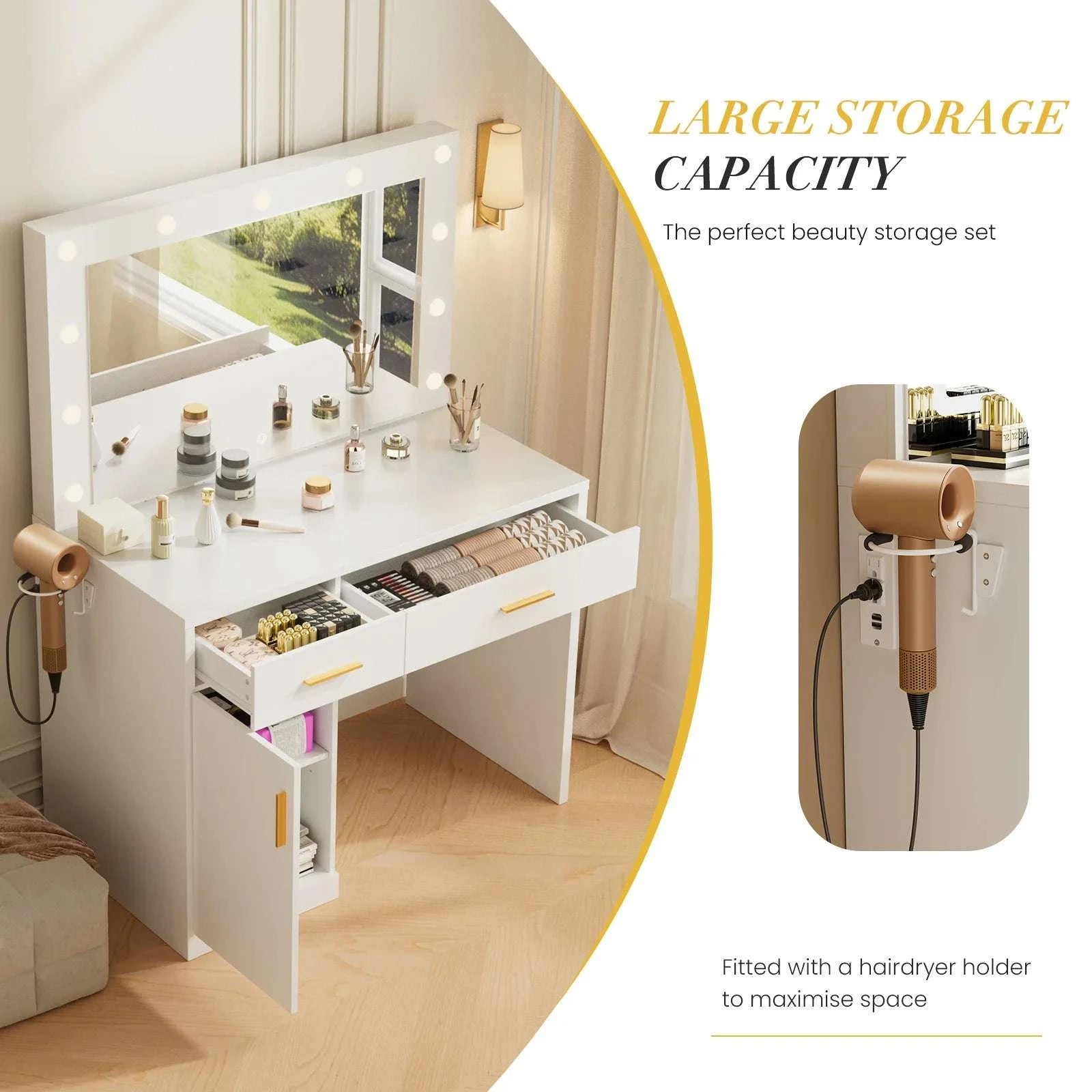 Vanity Desk with LED Mirror, Charging Station & Storage-Light Strip Type / United States