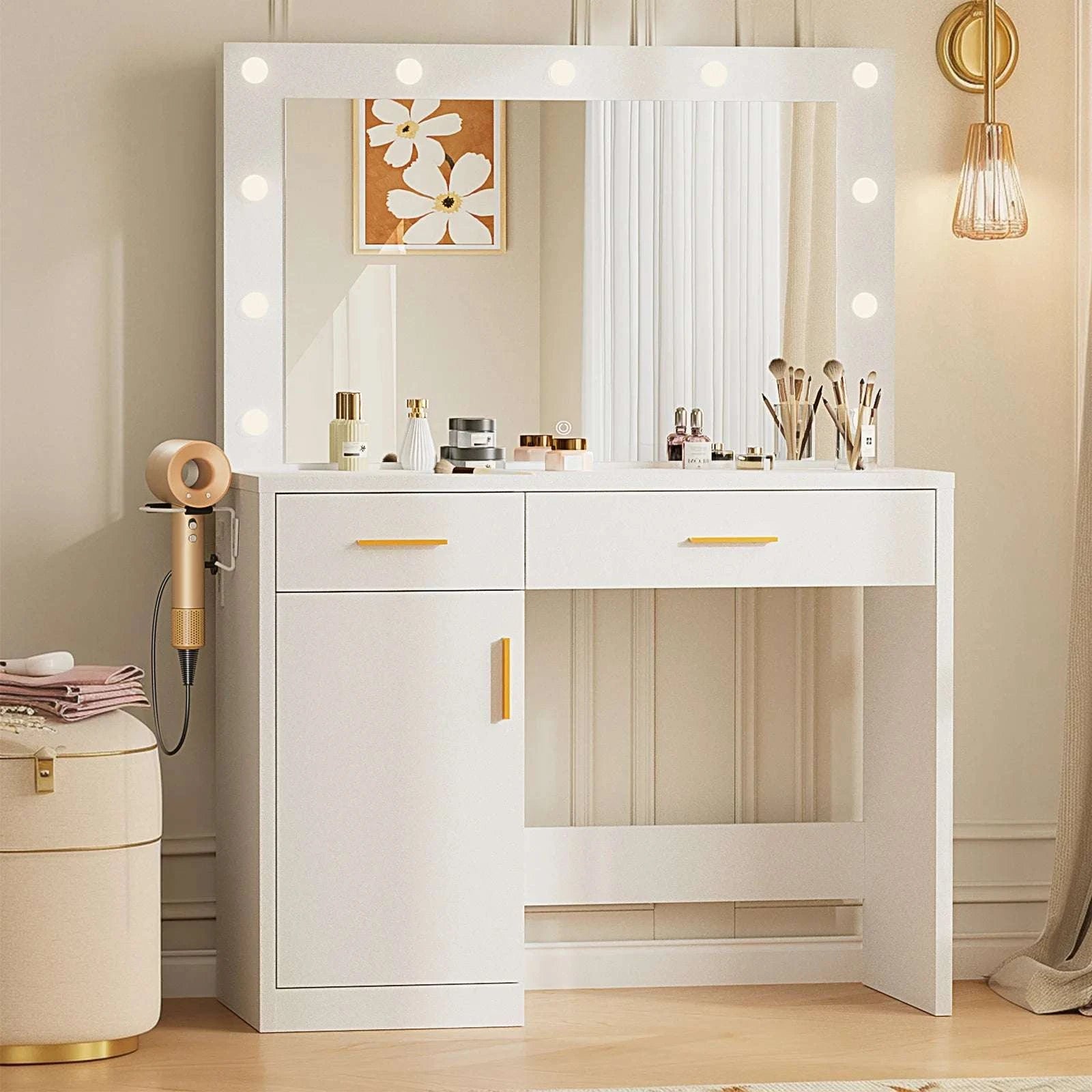 Vanity Desk with LED Mirror, Charging Station & Storage-Light Strip Type / United States